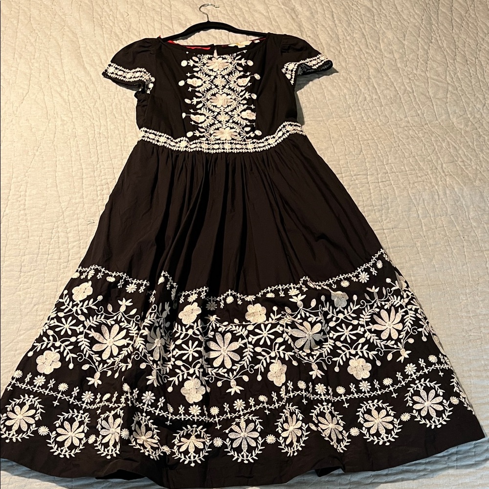 Boden Black Maxi Dress with White Floral Embroidery